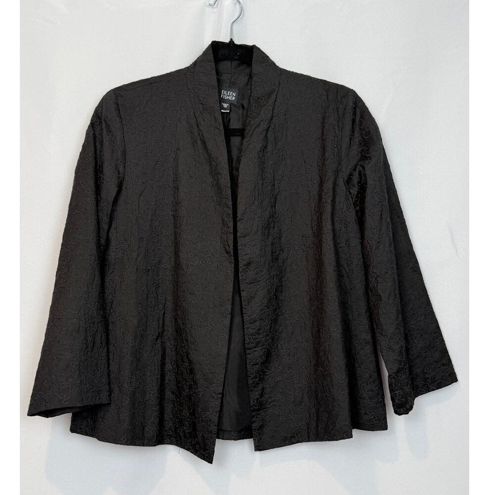 Eileen Fisher 100% Silk Black Jacquard Open Jacket XS Silk Lining
